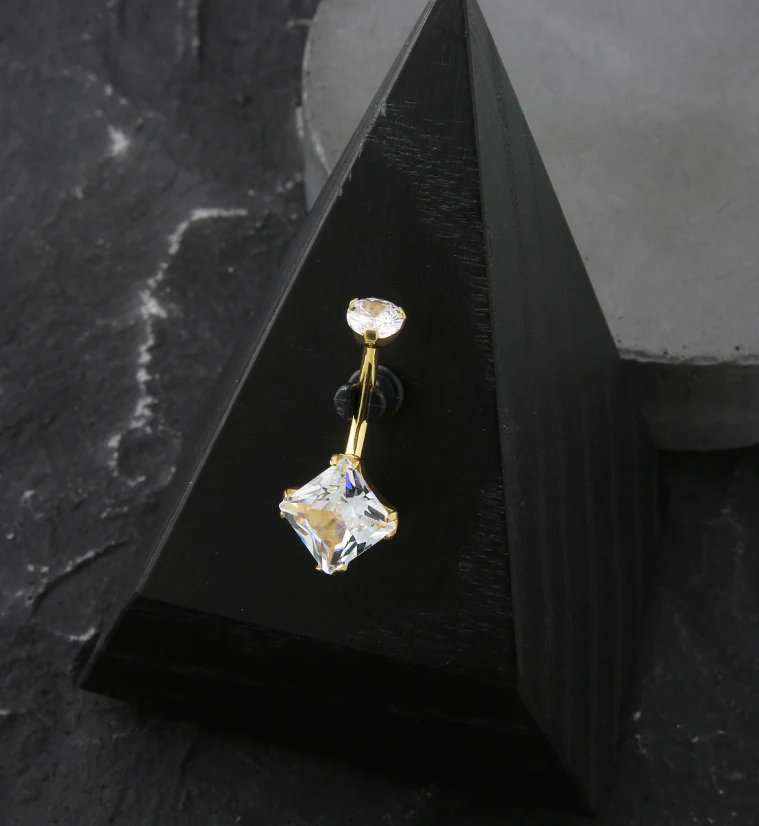 Gold PVD Square Clear CZ Internally Threaded Titanium Belly Button Ring - Image 3