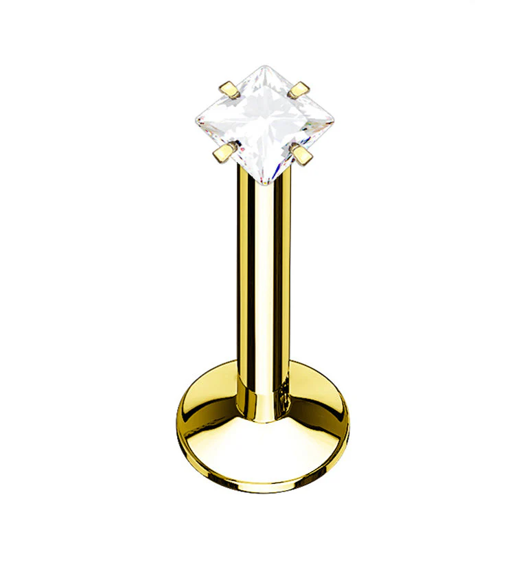 Gold PVD Square CZ Prong Internally Threaded Labret