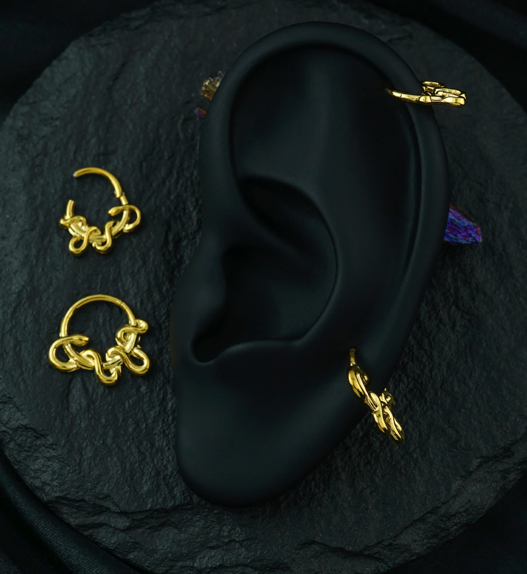 Gold PVD Arboreal Snake Stainless Steel Hinged Segment Ring - Image 3