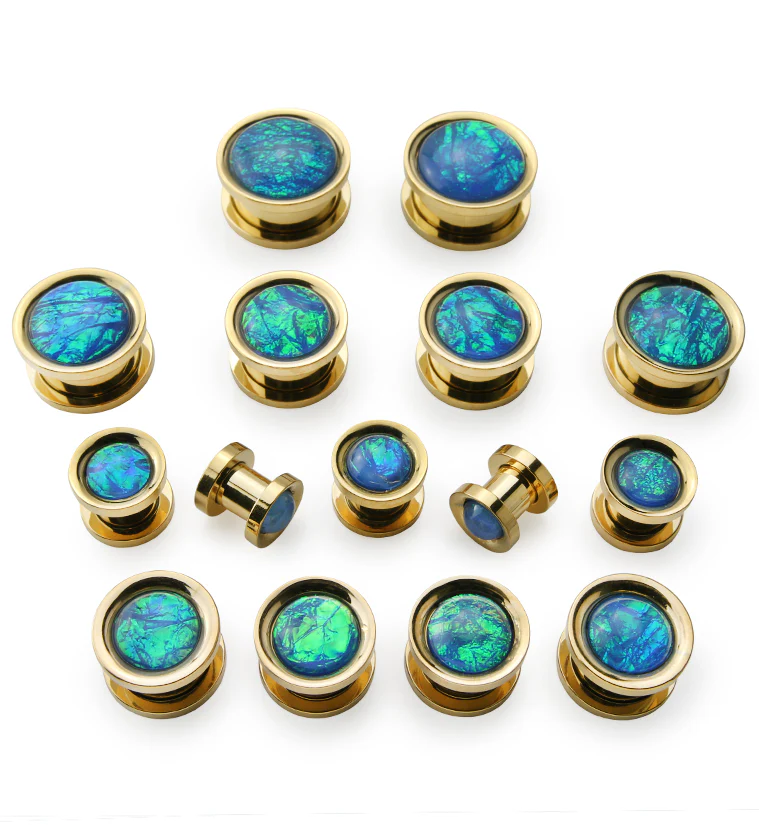 Gold PVD Stainless Steel Blue Opalite Plugs - Image 2