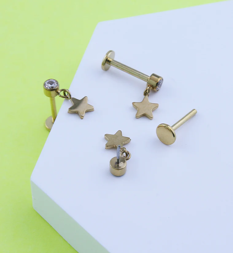 Gold PVD Star Dangle Clear CZ Titanium Threadless Labret - Image 2
