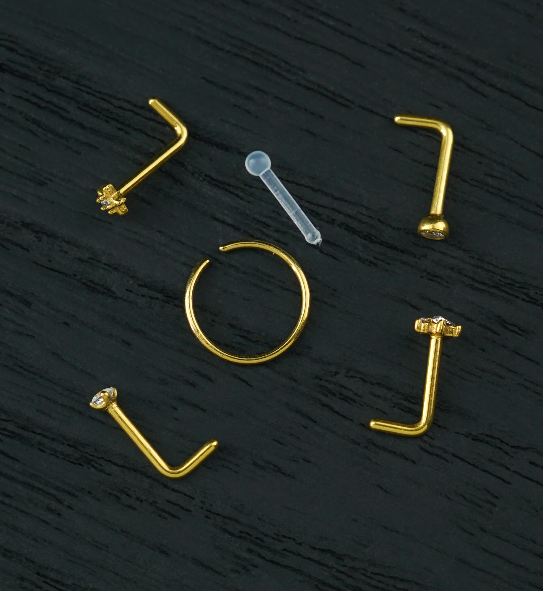 Gold PVD Star Flower Clear CZ Stainless Steel L Bend/Stud/Hoop Nose Ring Pack (6 Pc)