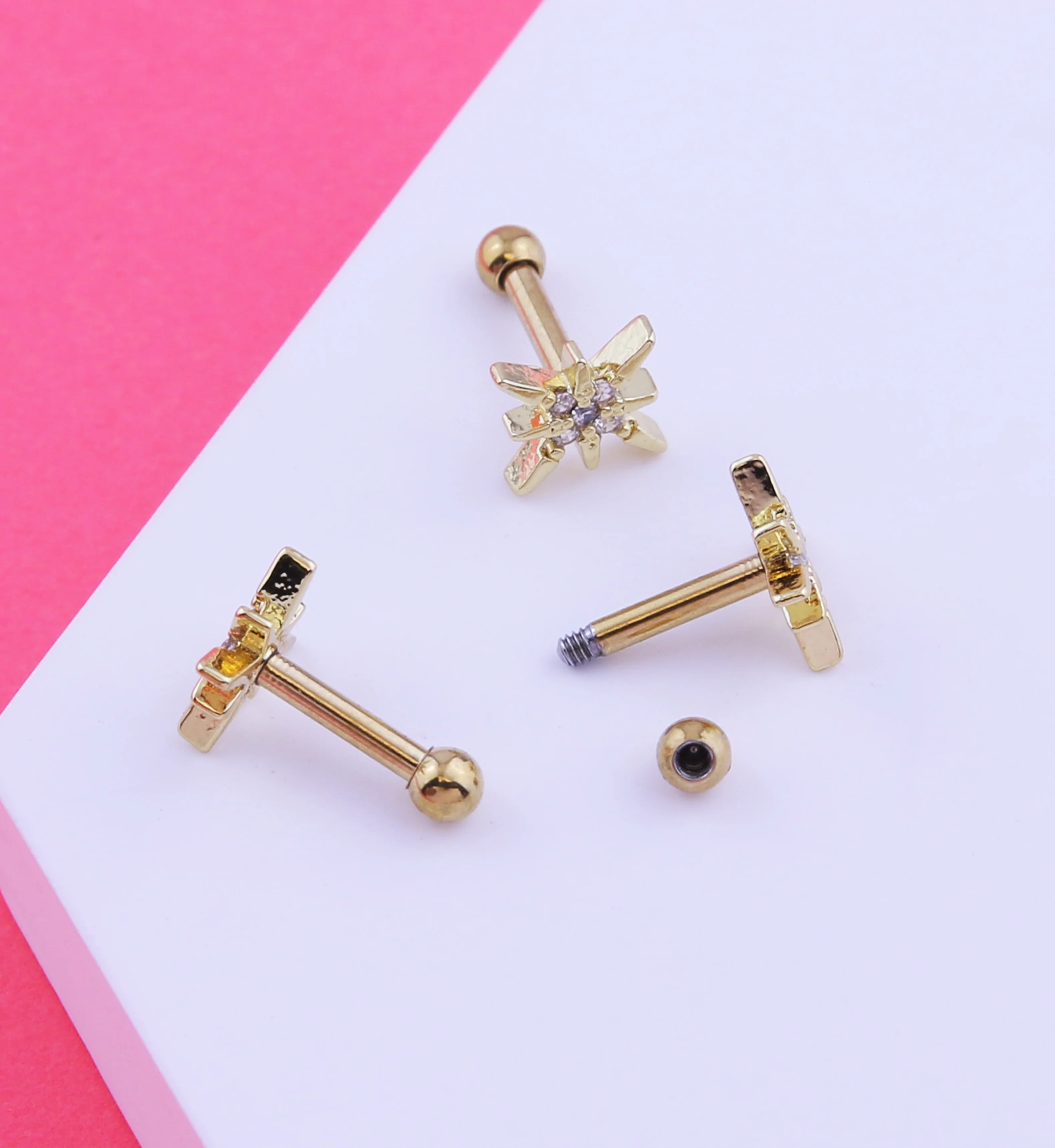 Gold PVD Starbright Clear CZ Stainless Steel Cartilage Barbell - Image 2