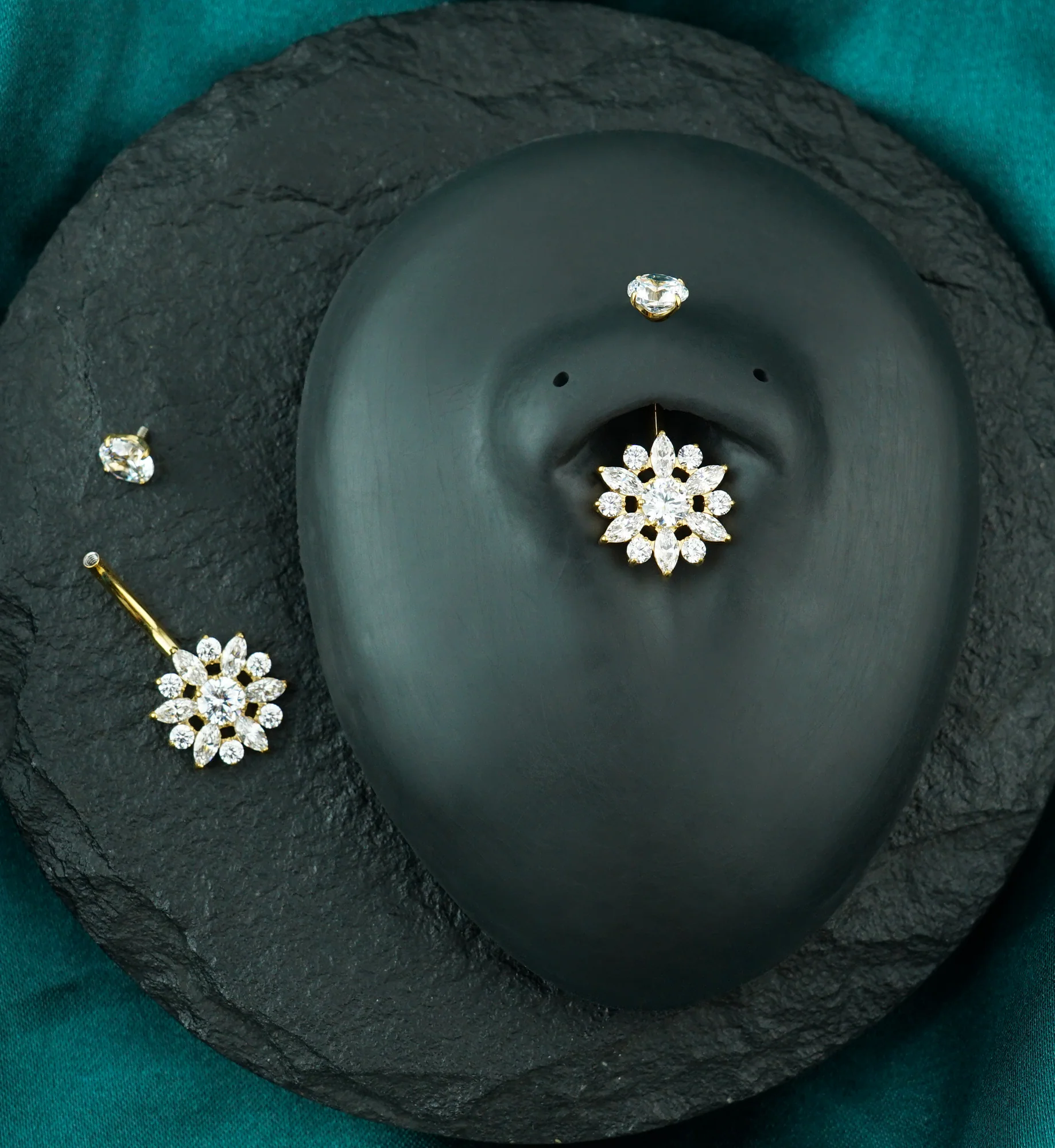 Gold PVD Sunflower CZ Titanium Internally Threaded Belly Button Ring - Image 2