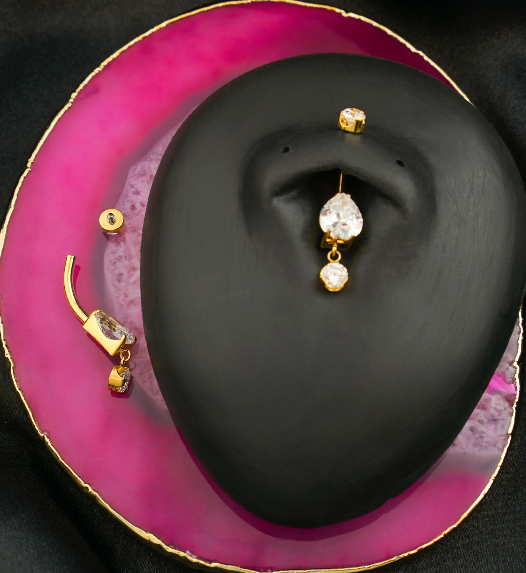 Gold PVD Teardrop Clear CZ Dangle Titanium Internally Threaded Belly Button Ring - Image 2