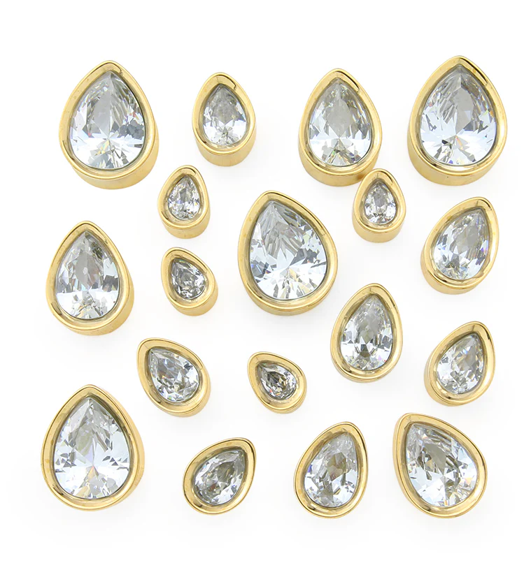 Gold PVD Teardrop Clear CZ Stainless Steel Tunnels - Image 2