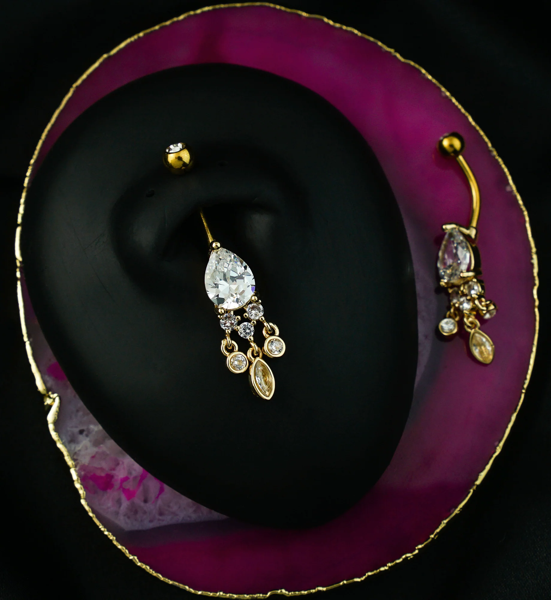 Gold PVD Teardrop Clear CZ Triple Dangle Stainless Steel Belly Button Ring - Image 2