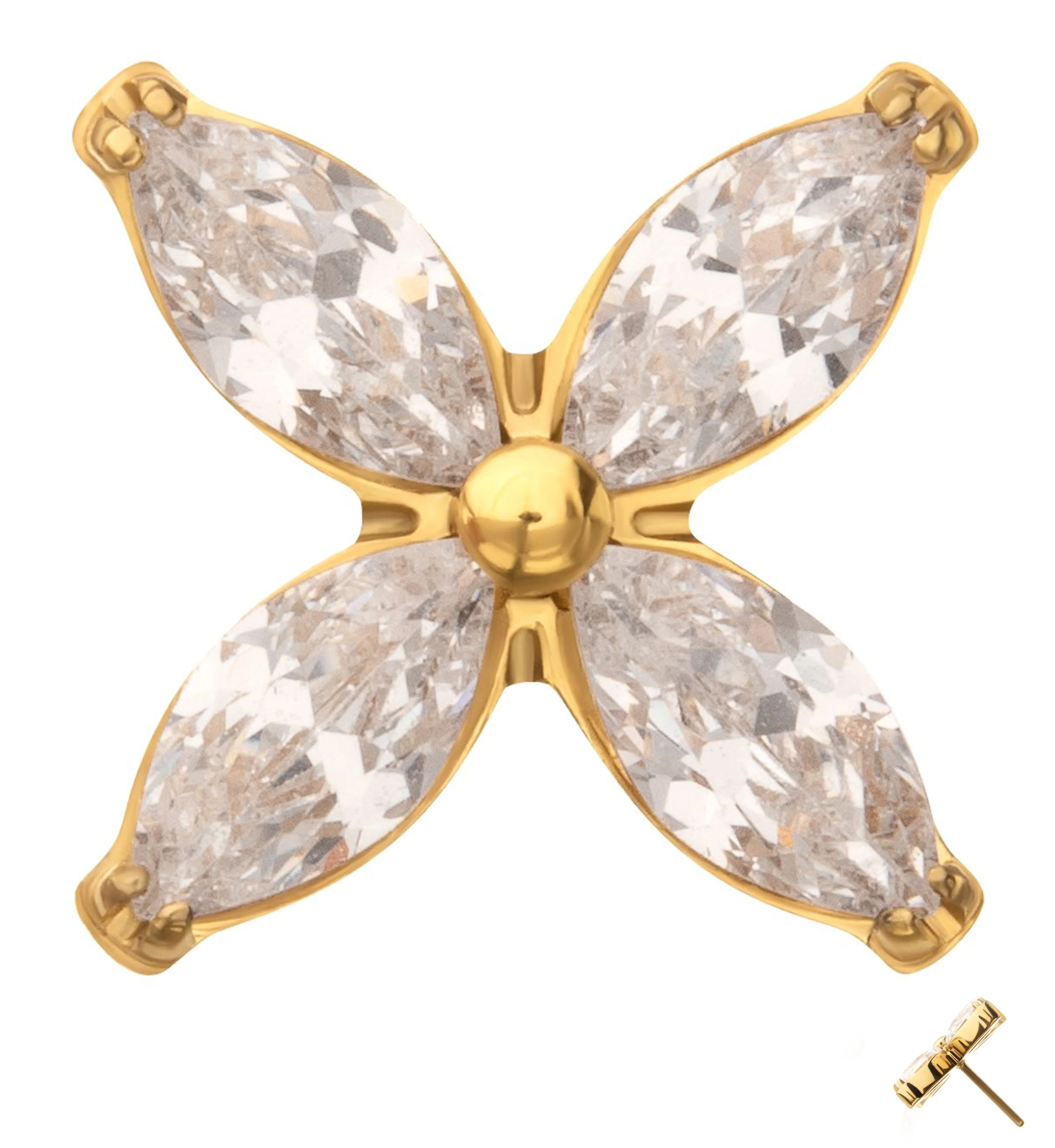Gold PVD Tetrad Marquise Clear CZ Threadless Titanium Top