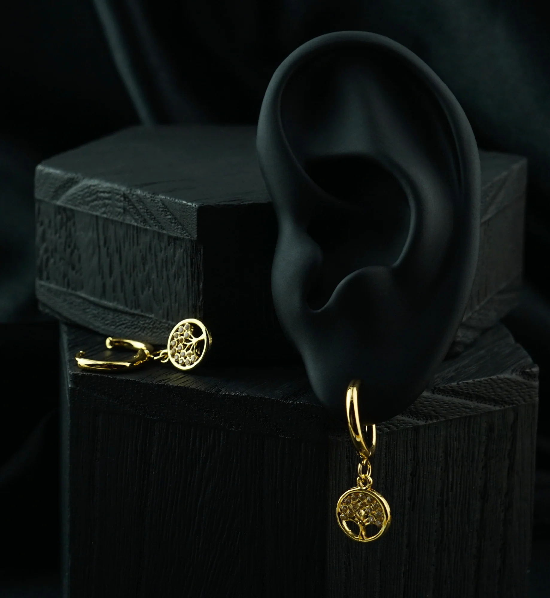 Gold PVD Tree of Life Clear CZ Stainless Steel Hinged Hoop Huggie Dangle Earrings - Image 2