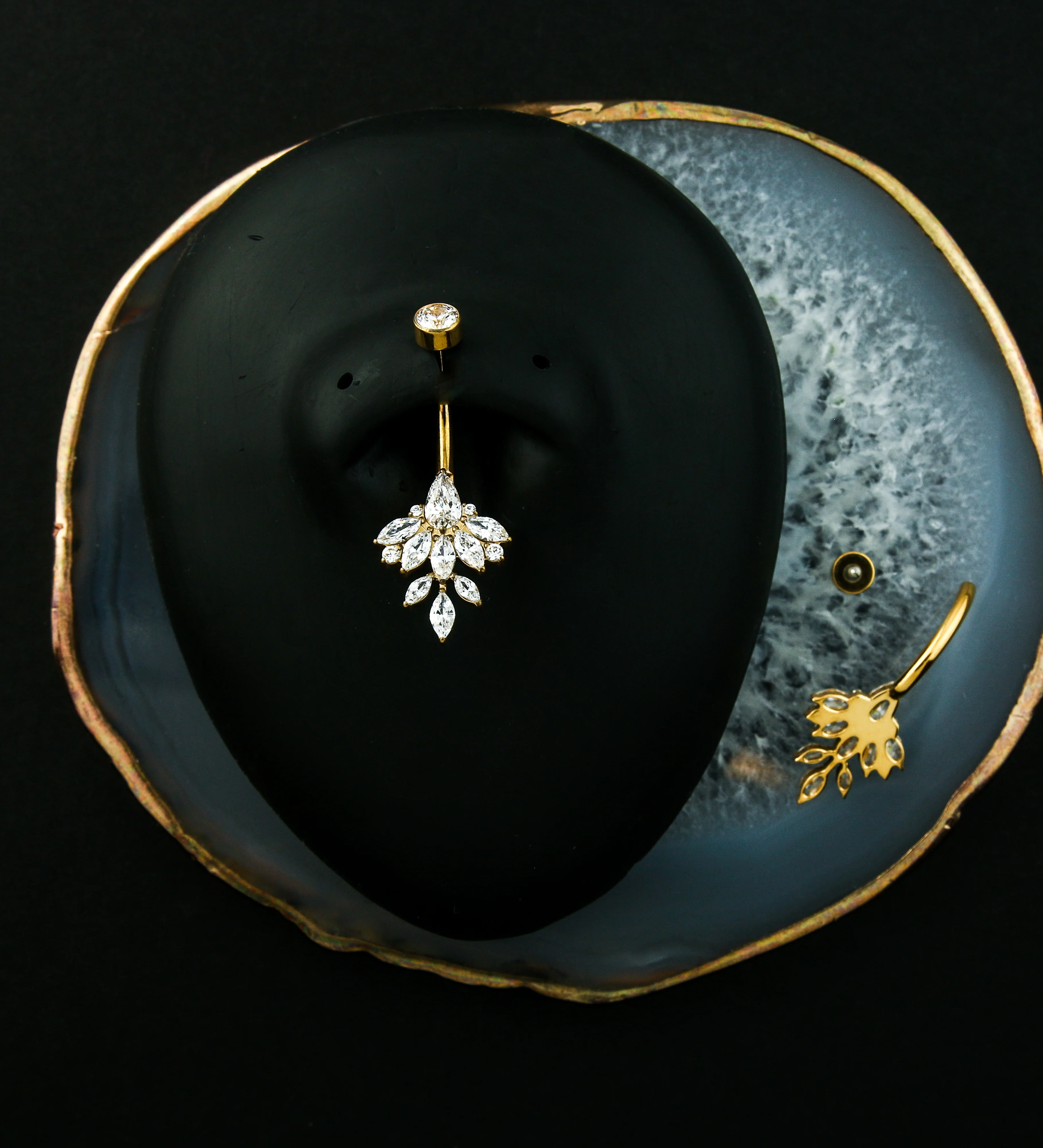Gold PVD Triangle Marquise Leaf Clear CZ Internally Threaded Titanium Belly Button Ring - Image 2