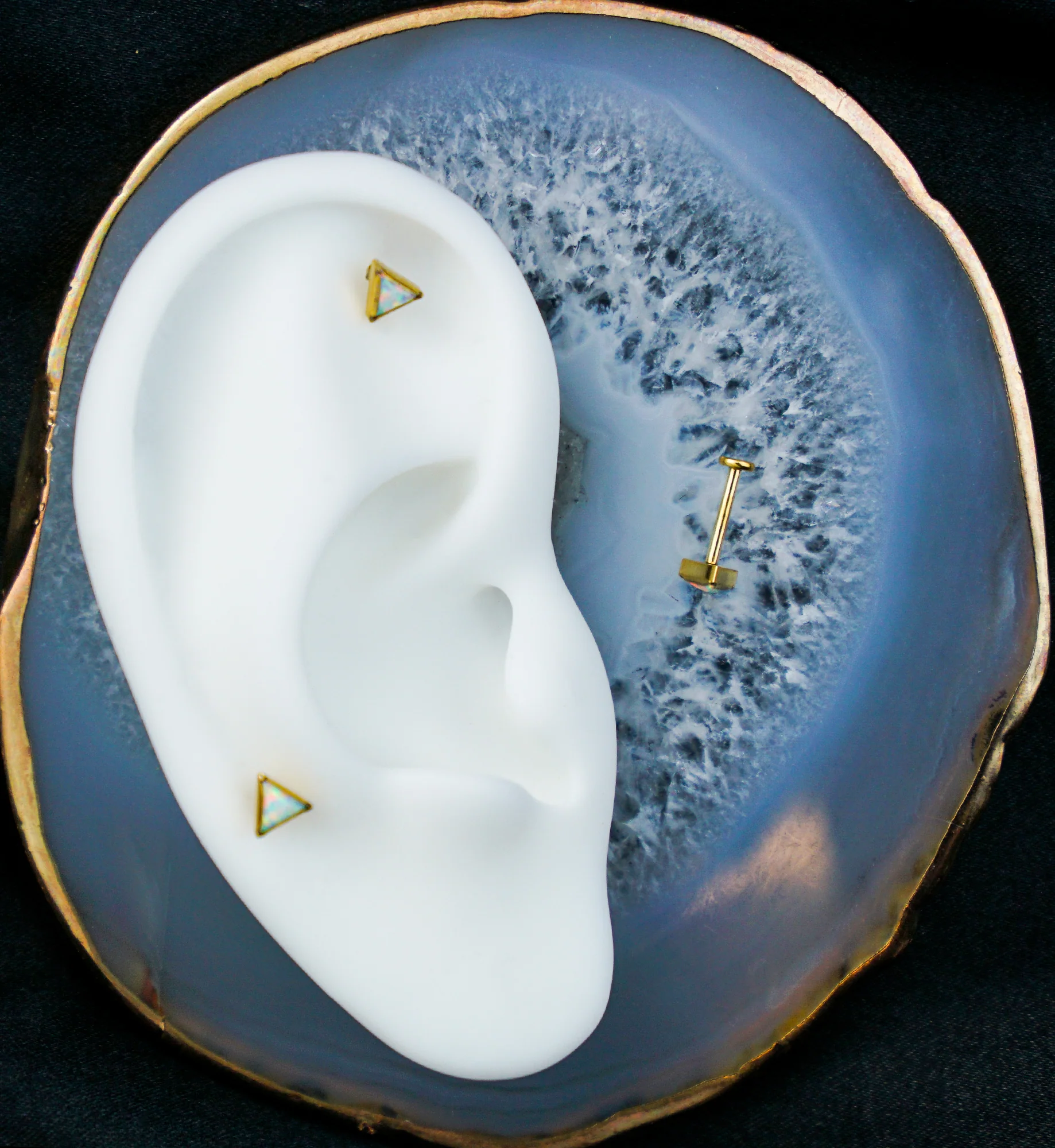 Gold PVD Triangle White Opalite Titanium Threadless Labret - Image 2