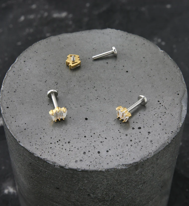 Gold PVD Trinal Clear CZ Stainless Steel Internally Threaded Labret - Image 2