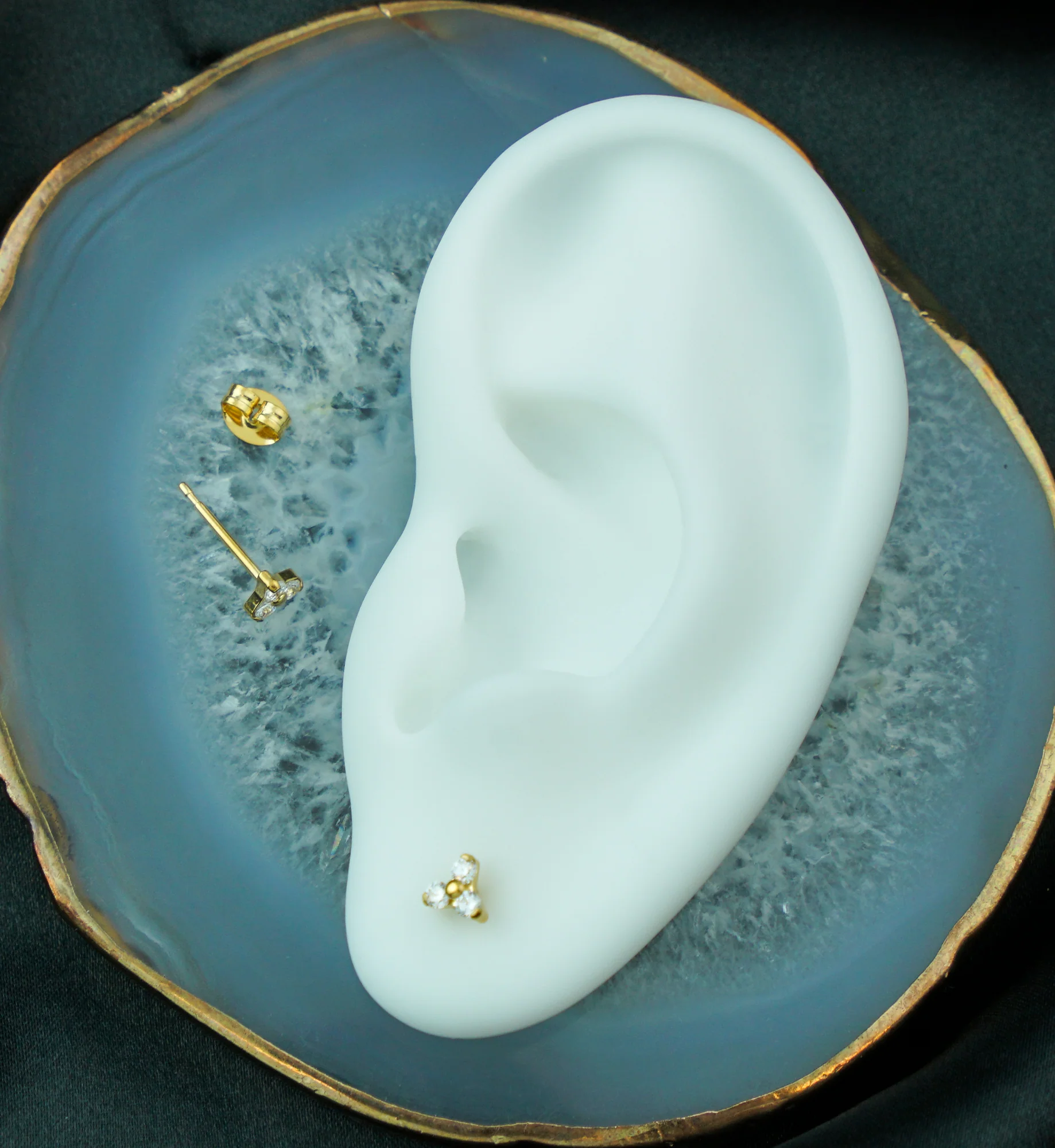 Gold PVD Trinity Clear CZ Titanium Stud Earrings - Image 2