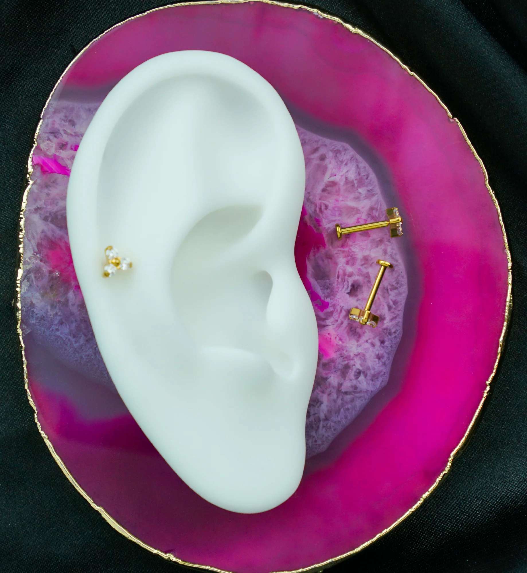 Gold PVD Trinity Clear CZ Titanium Threadless Labret - Image 2