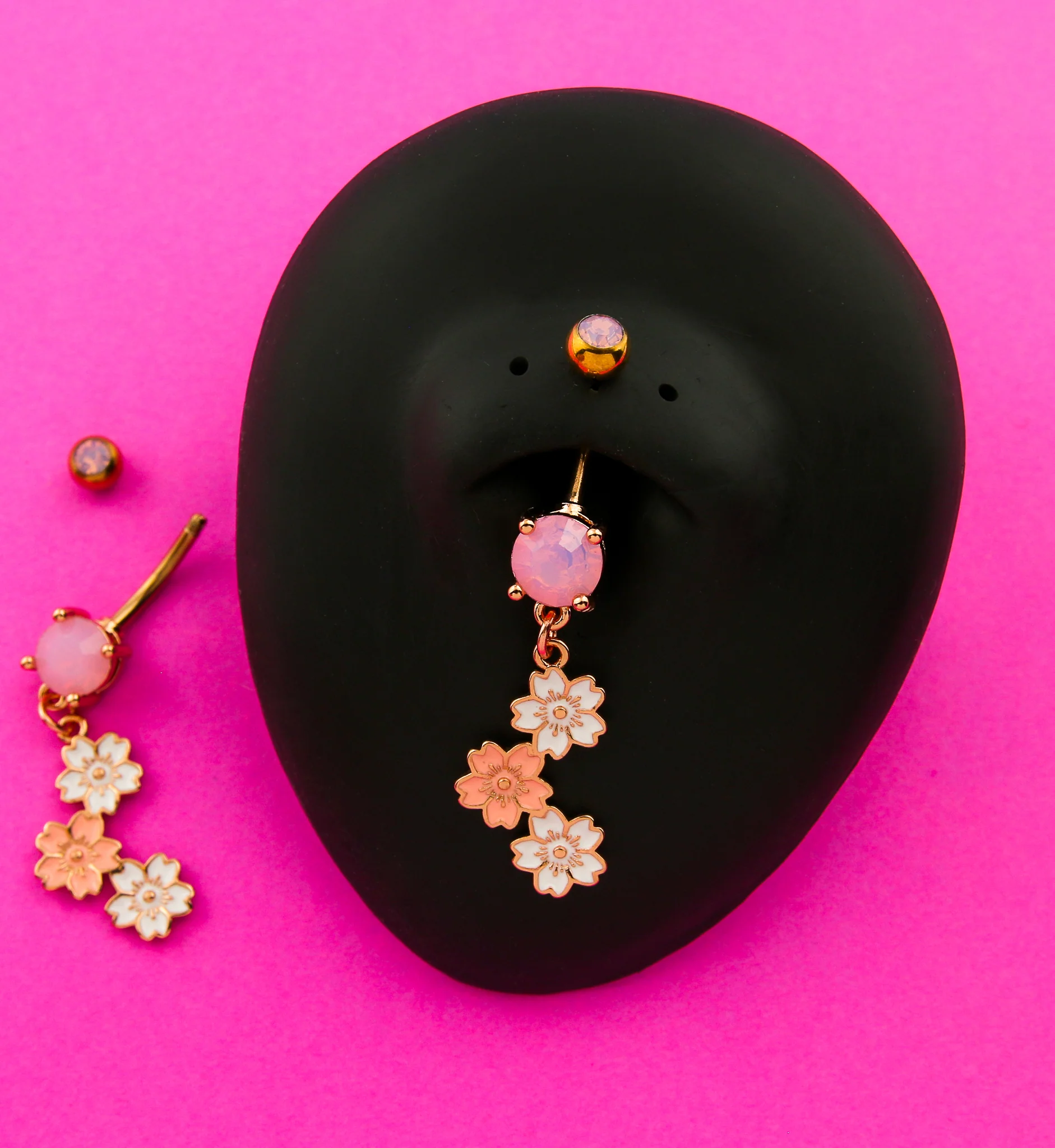 Gold PVD Triple Blush Flower Rose Quartz Dangle Stainless Steel Belly Button Ring - Image 2