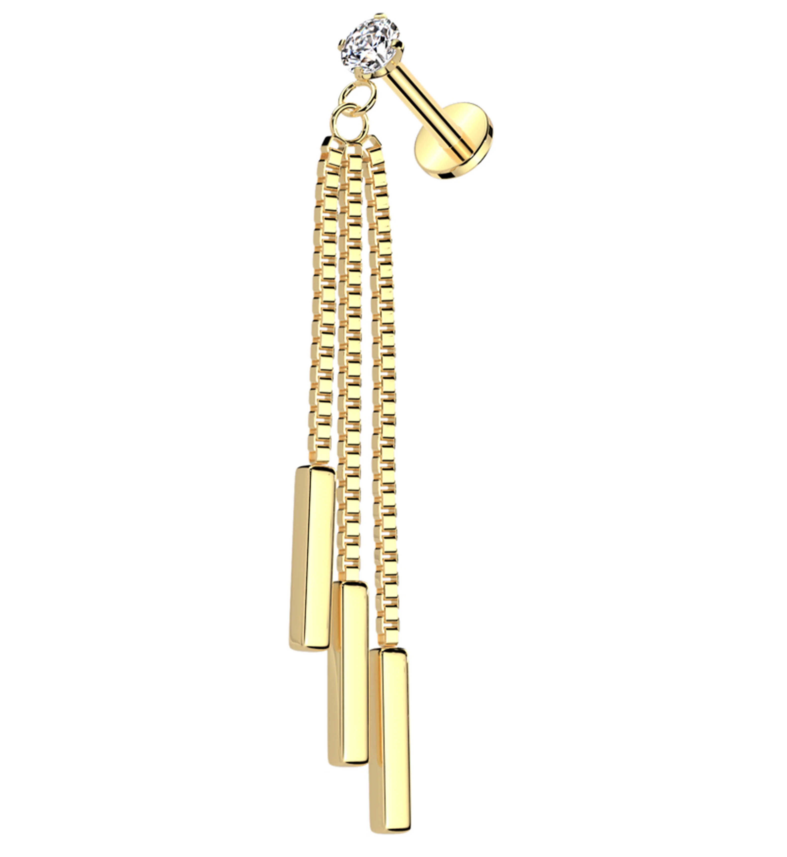 Gold PVD Triple Dangle Clear CZ Stainless Steel Internally Threaded Labret