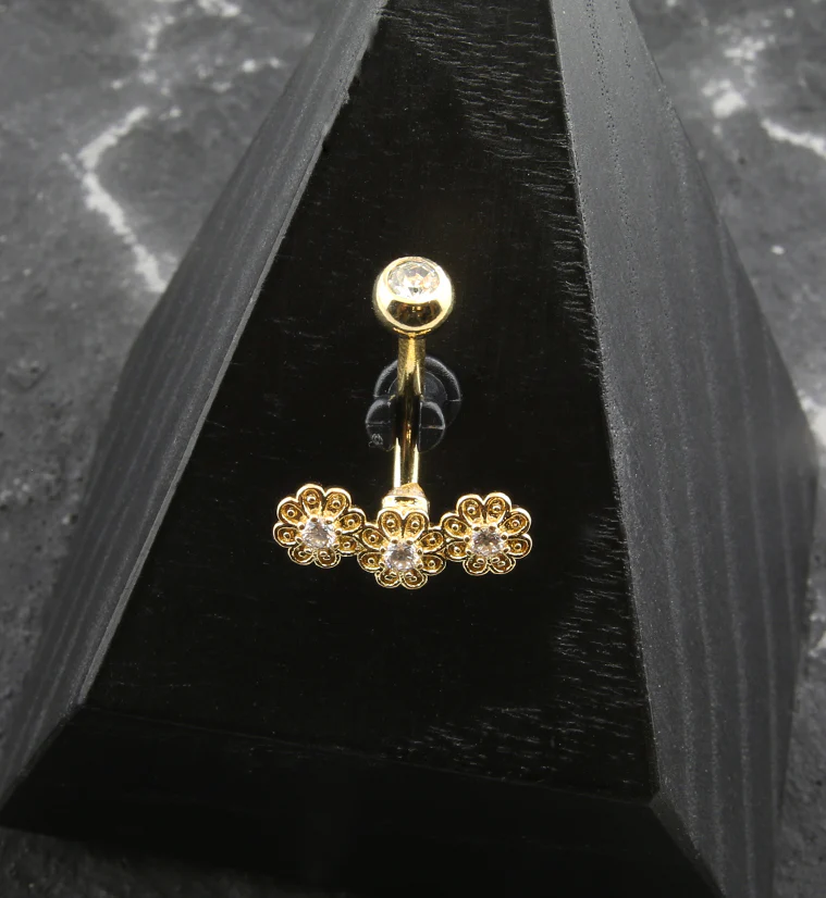 Gold PVD Triple Flower Clear CZ Stainless Steel Belly Button Ring - Image 2