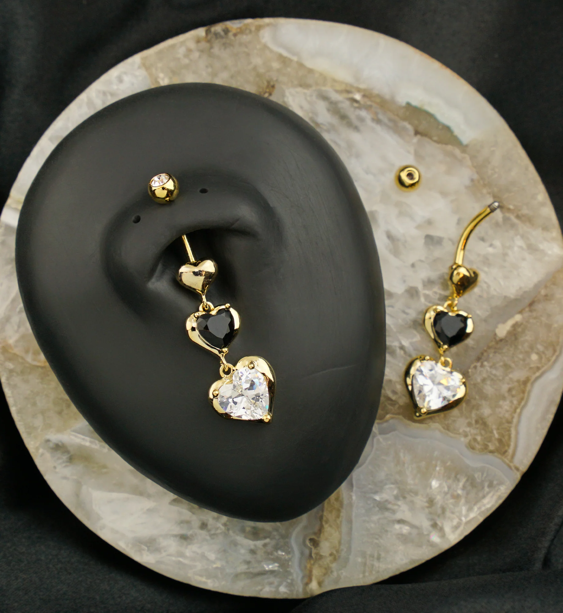Gold PVD Triple Heart Dangle Clear And Black CZ Stainless Steel Belly Button Ring - Image 2