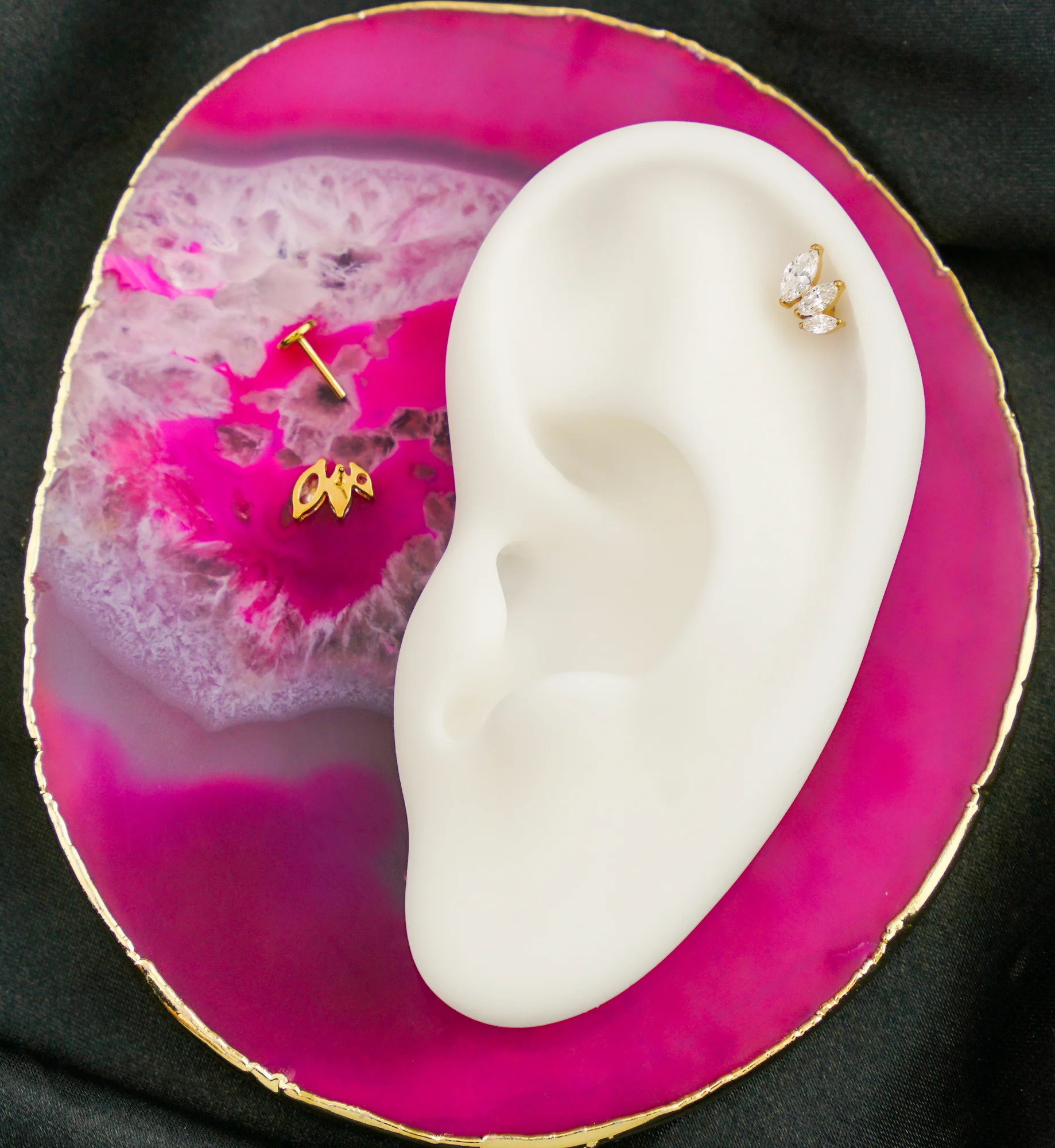 Gold PVD Triple Marquise Clear CZ Titanium Threadless Labret - Image 3