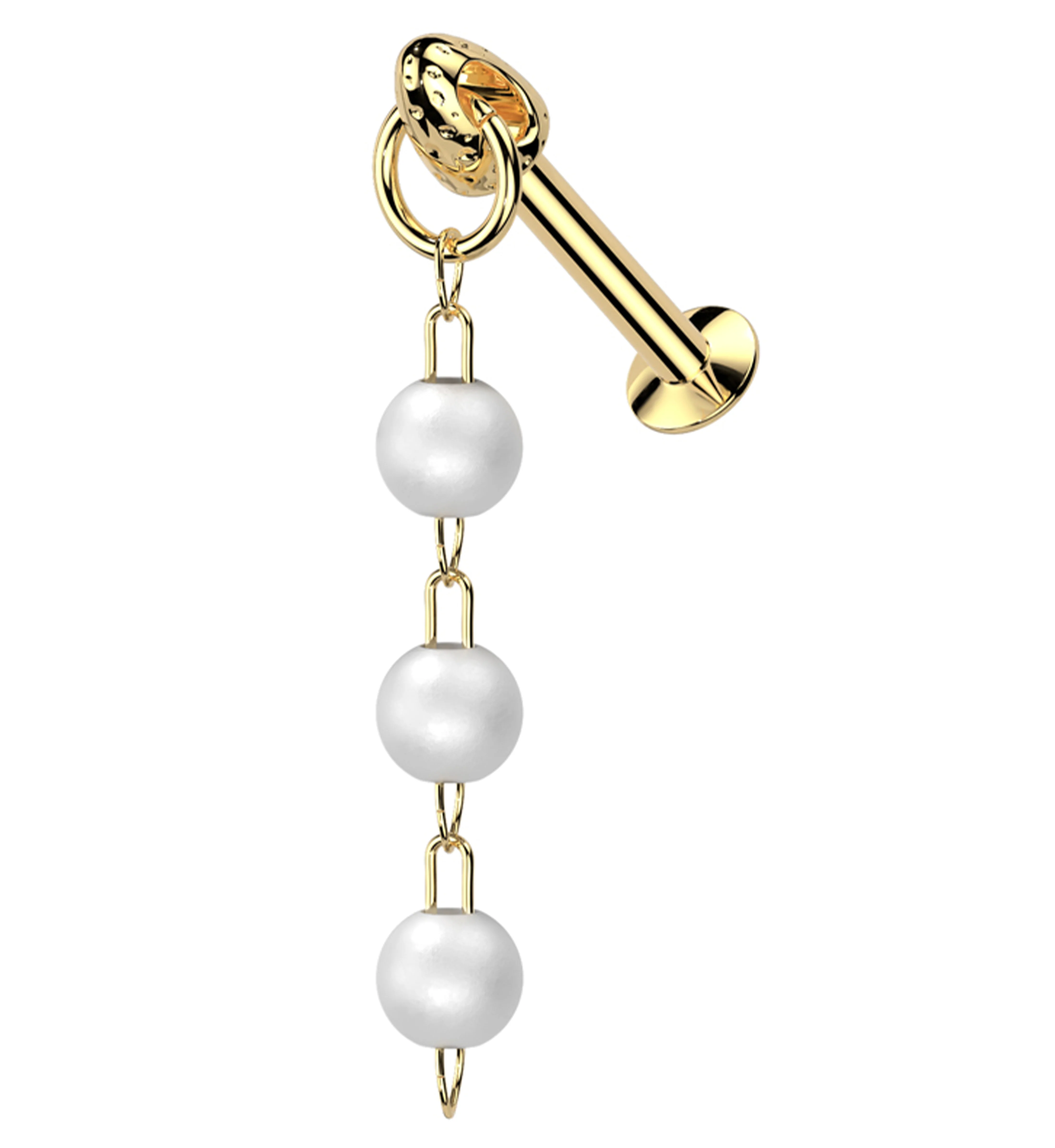 Gold PVD Triple Pearl Dangle Stainless Steel Convex Disc Threadless Labret