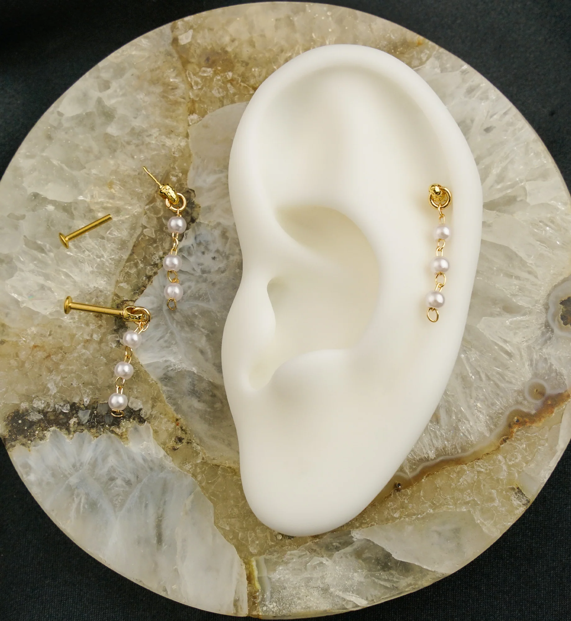Gold PVD Triple Pearl Dangle Stainless Steel Convex Disc Threadless Labret - Image 2