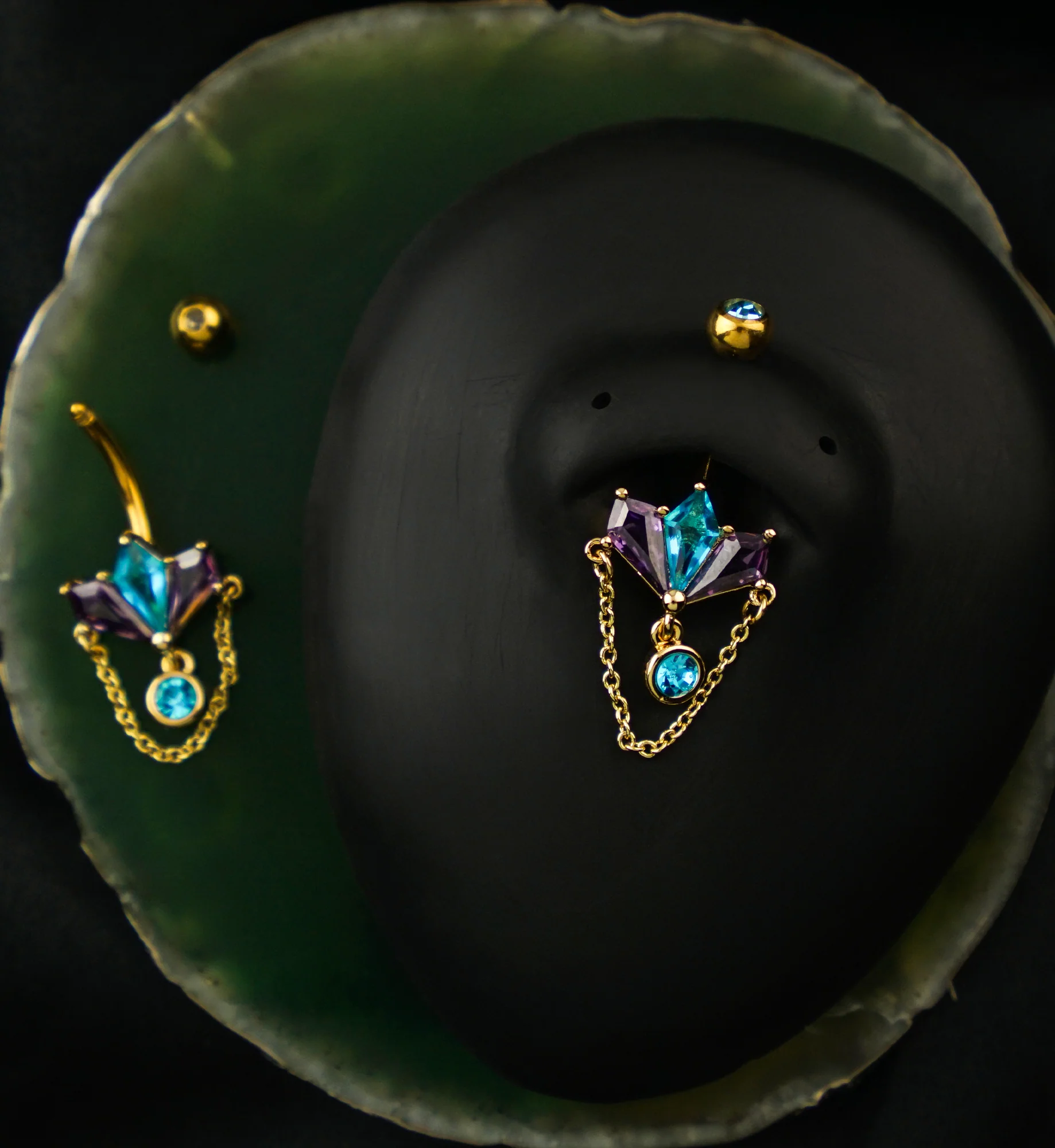Gold PVD Triple Poly Amethyst And Aqua CZ Dangle Chain Stainless Steel Belly Button Ring - Image 2