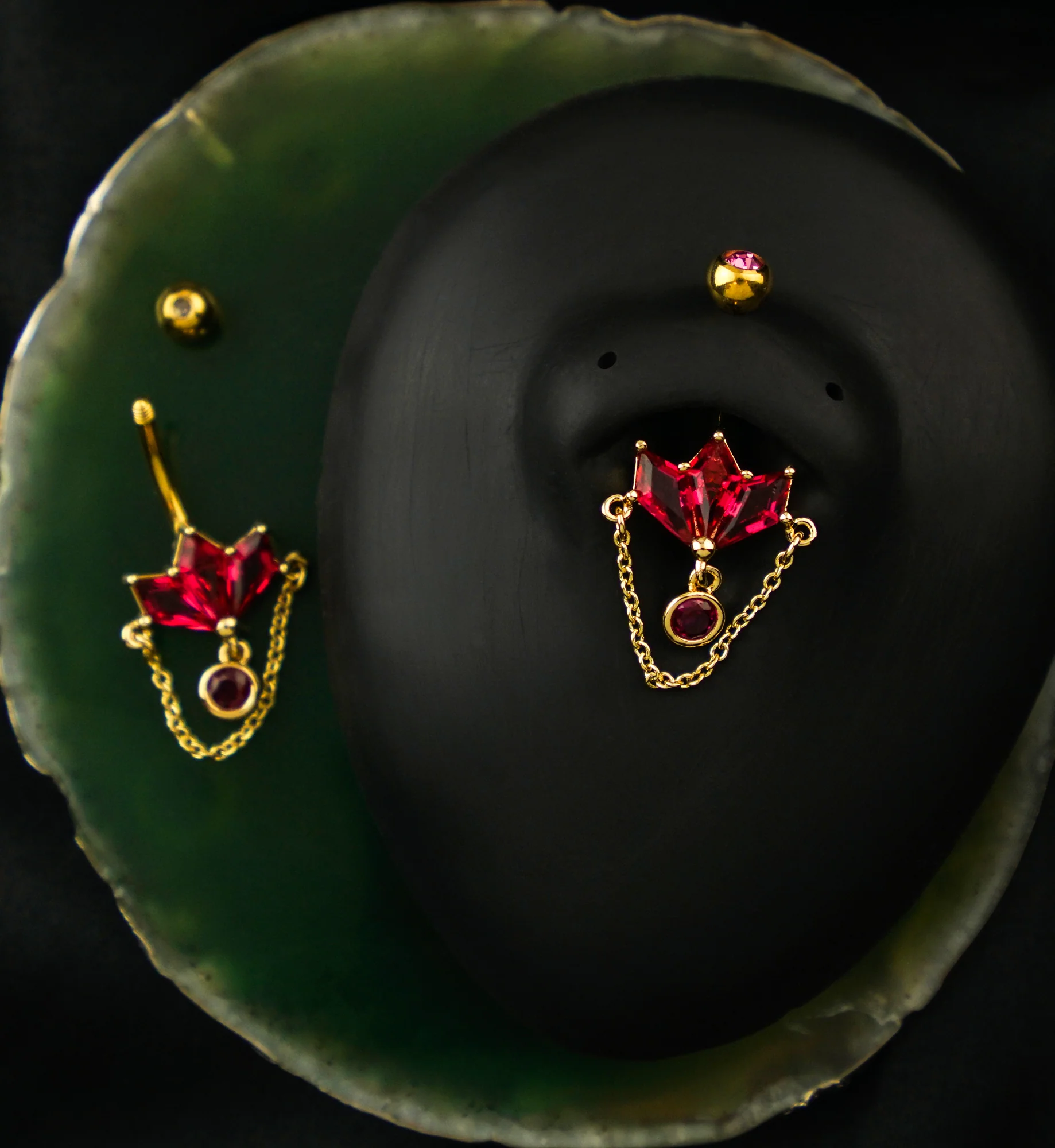Gold PVD Triple Poly Fuchsia CZ Dangle Chain Stainless Steel Belly Button Ring - Image 2