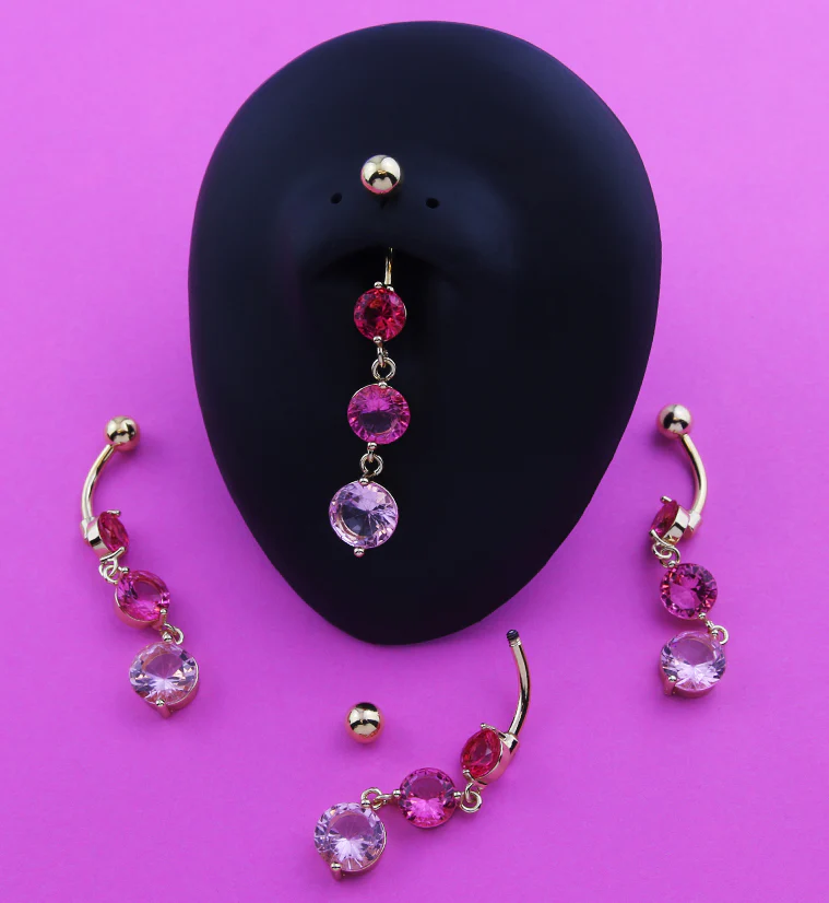 Gold PVD Triple Round Pink CZ Dangle Stainless Steel Belly Button Ring - Image 2