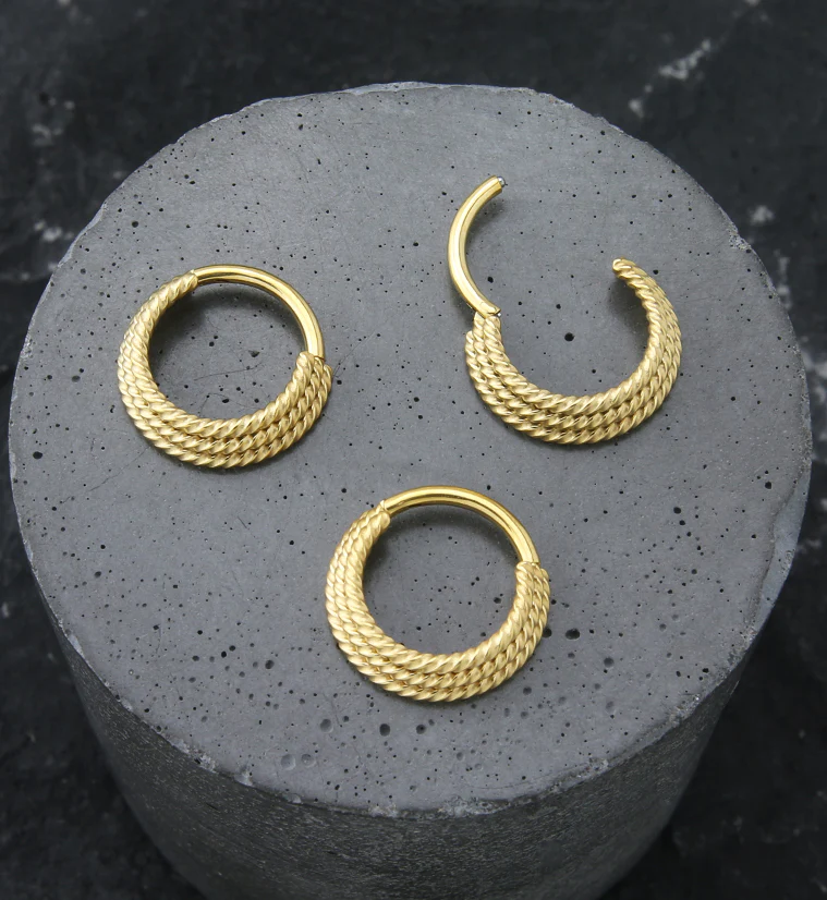 Gold PVD Triple Stacked Twist Stainless Steel Hinged Segment Ring - Image 2
