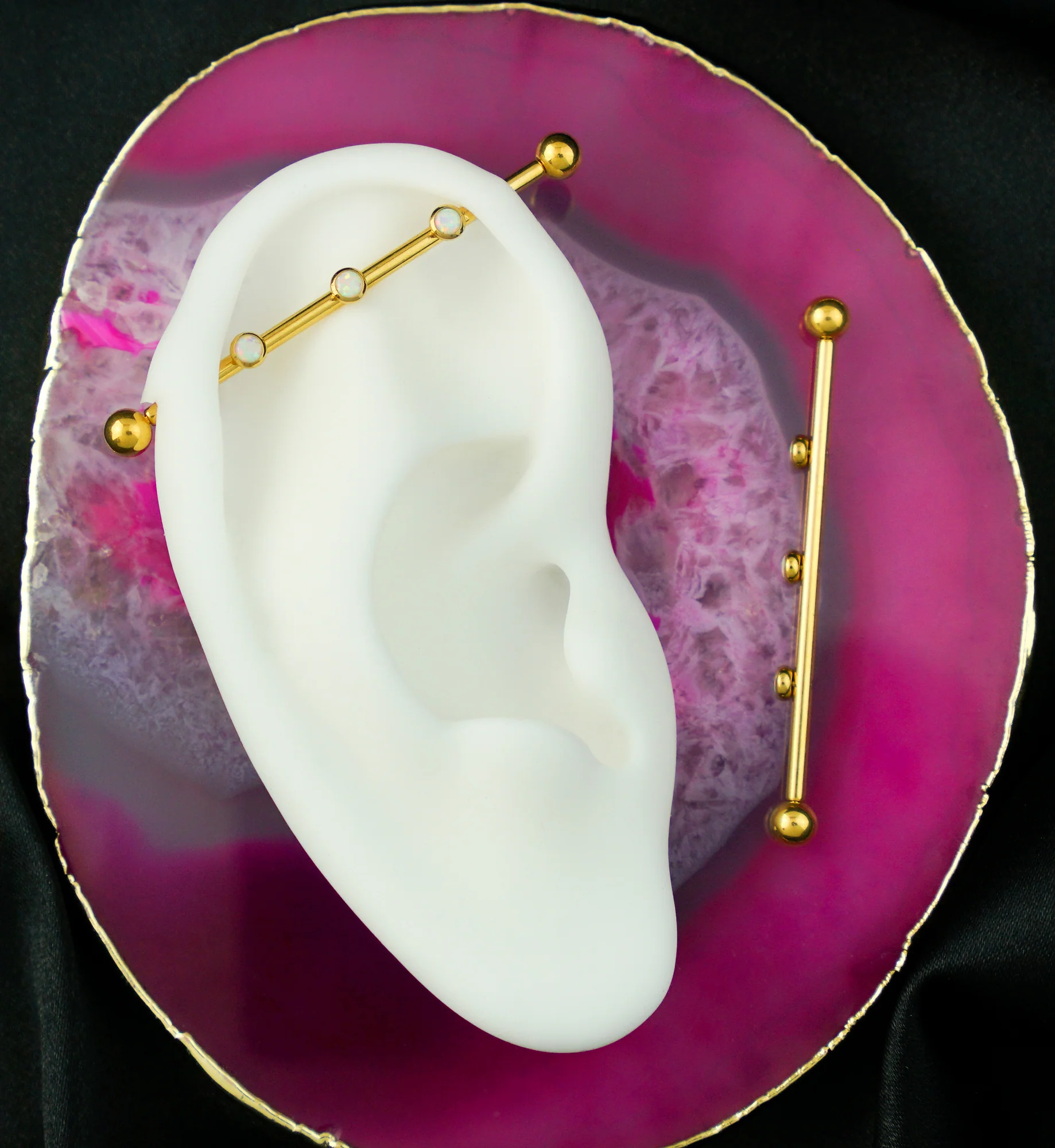 Gold PVD Triple White Opalite CZ Internally Threaded Titanium Industrial Barbell - Image 2