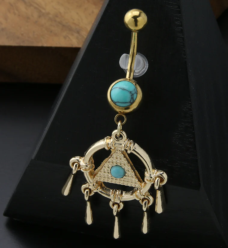 Gold PVD Turquoise Pyramid Stainless Steel Belly Button Ring - Image 2