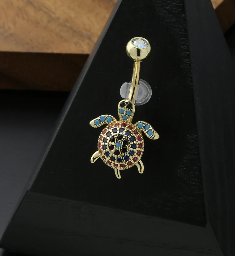 Gold PVD Turtle Rainbow CZ Stainless Steel Belly Button Ring - Image 2
