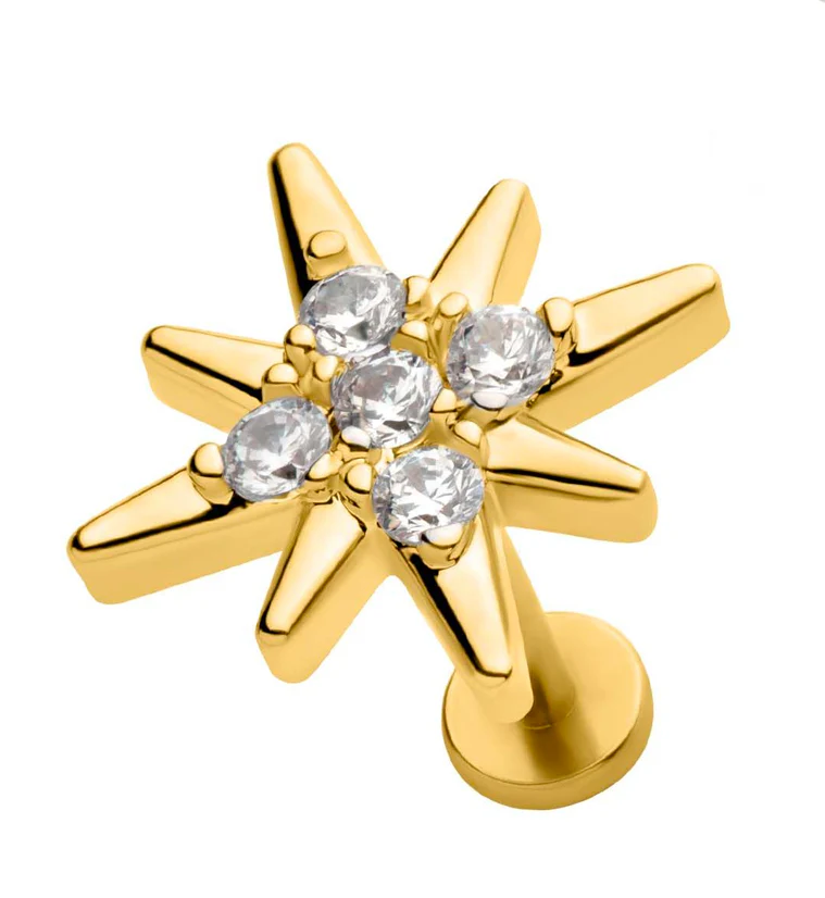 Gold PVD Twinkle Clear CZ Stainless Steel Internally Threaded Labret