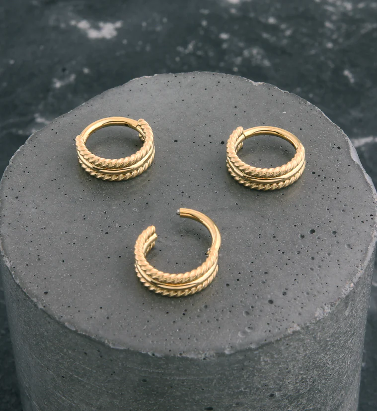 Gold PVD Twisted Edge Triple Stacked Stainless Steel Hinged Segment Ring - Image 2