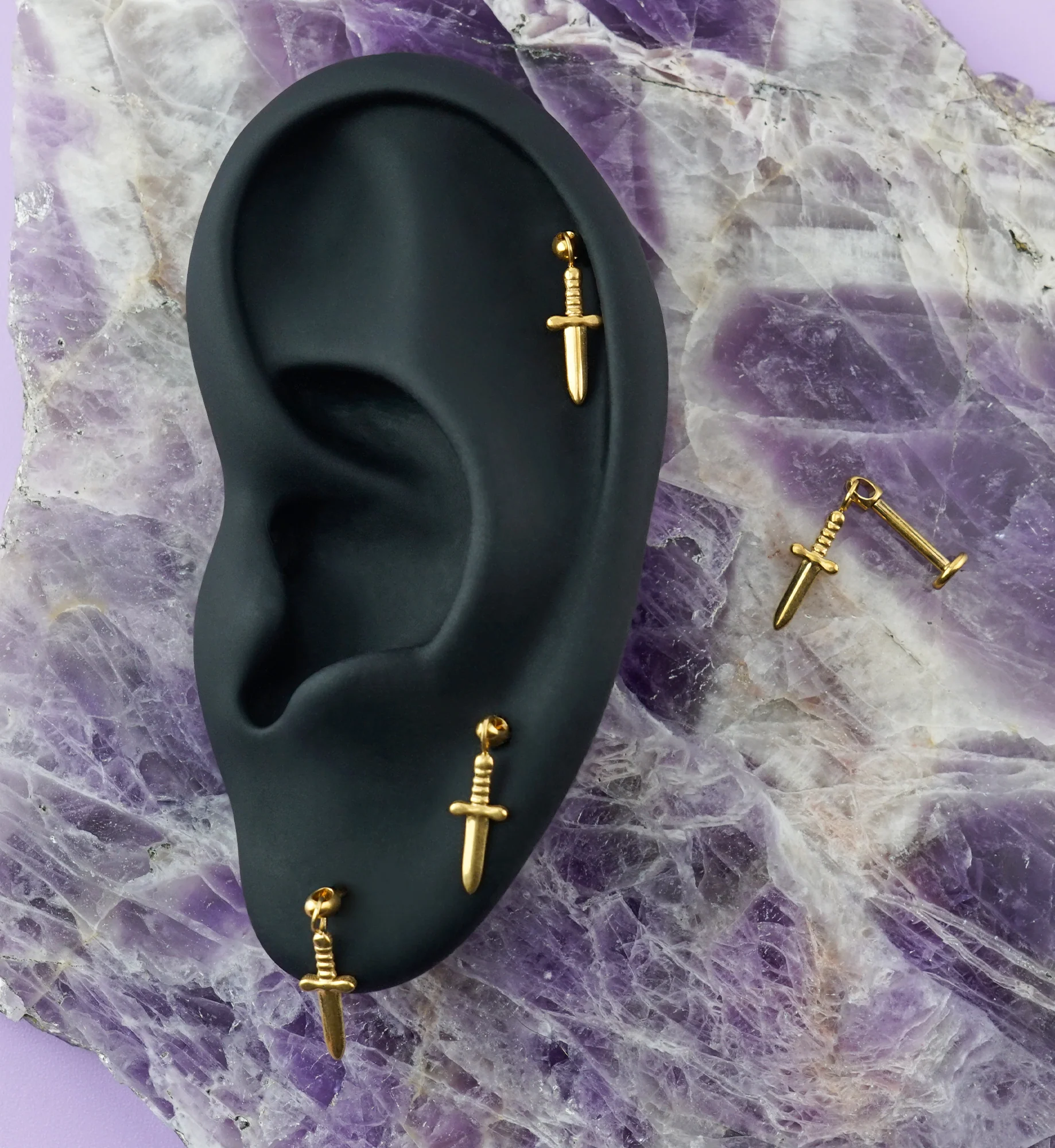Gold PVD Twisted Handle Dagger Dangle Cone Top Internally Threaded Titanium Labret - Image 2