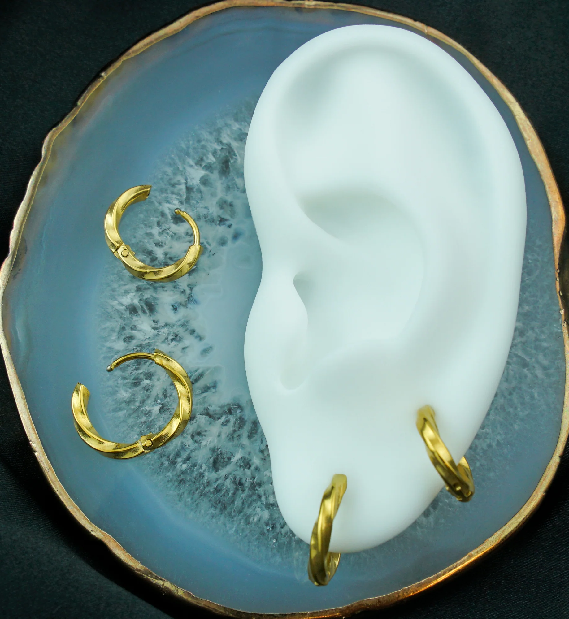 Gold PVD Twisted Hoop Stainless Steel Hinged Earrings - Image 2