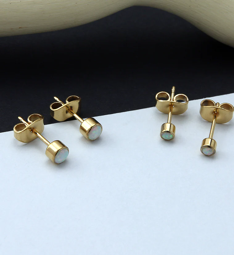 Gold PVD White Opal Titanium Bezel Earrings - Image 2