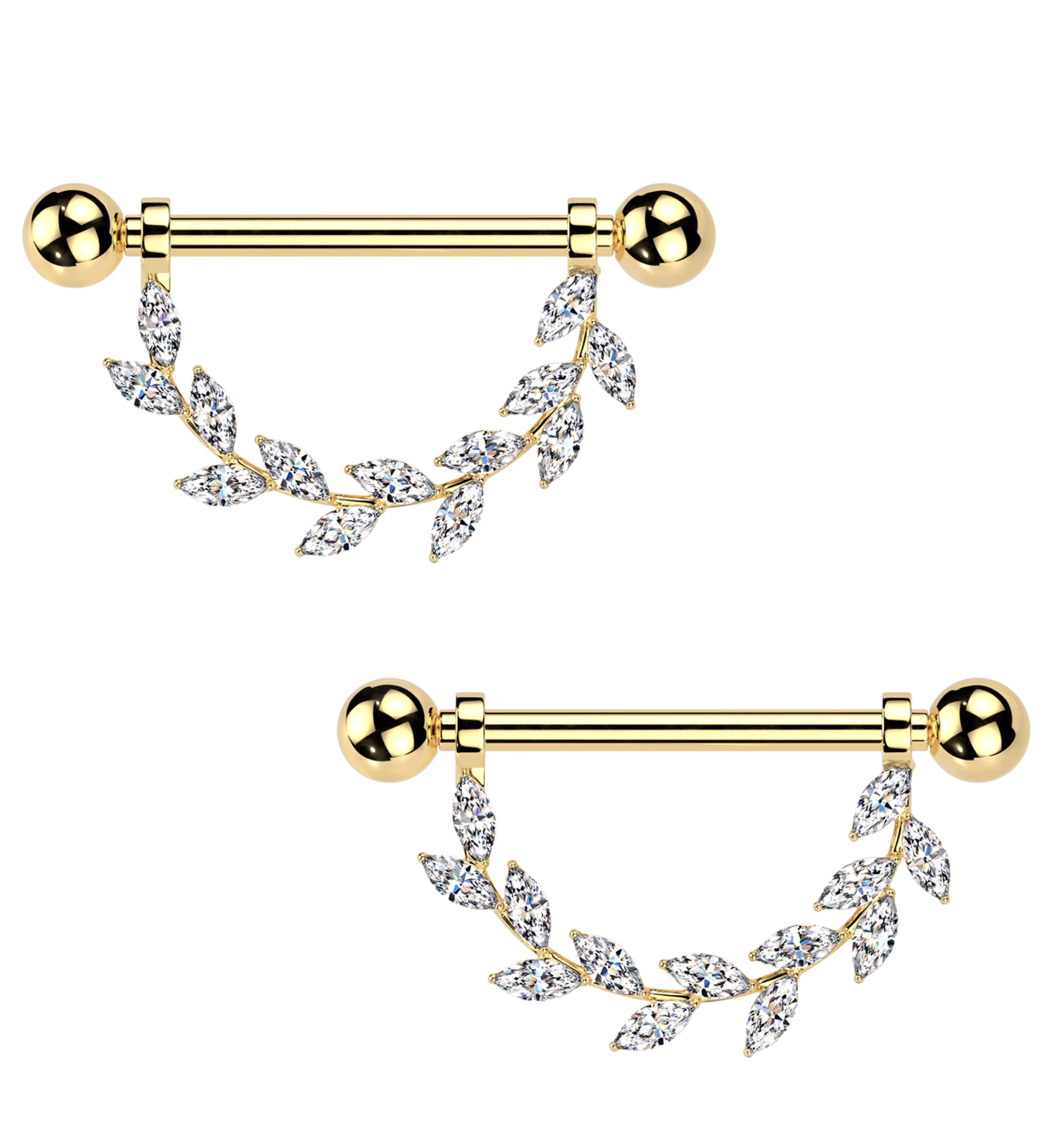 Gold PVD Wreath Clear CZ Internally Threaded Titanium Nipple Barbells