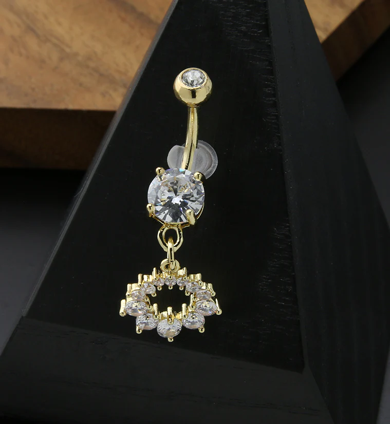 Gold PVD Wreath CZ Dangle Stainless Steel Belly Button Ring - Image 2