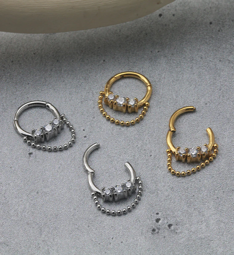 Gold PVD Triple Prong Set Clear CZ with Dangling Chain Hinged Segment Ring - Image 3