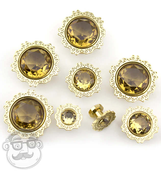5/8" Golden Floral CZ Stainless Steel Plugs - Image 2