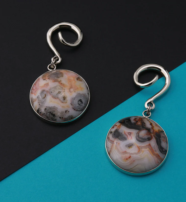 Grand Crazy Lace Agate Stone Silver Brass Hanging Ear Weights - Image 2