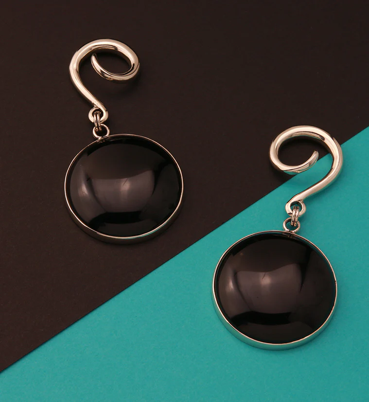 Grand Obsidian Silver Brass Hanging Ear Weights - Image 2