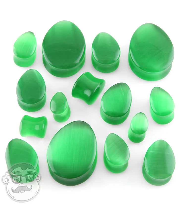 Green Cat's Eye Glass Teardrop Plugs - Image 2