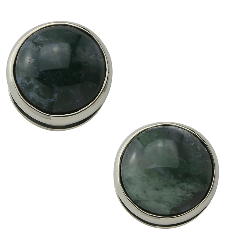 Green Moss Agate Stone Disk White Brass Ear Weights - Image 2