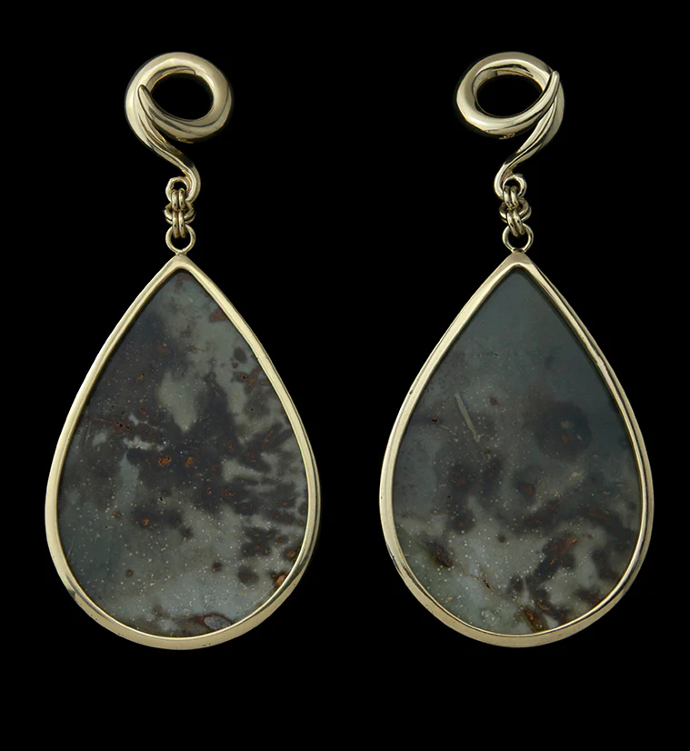 Green Polychrome Jasper Teardrop Brass Ear Weights - Image 2