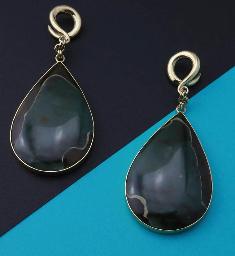 Green Polychrome Jasper Teardrop Brass Ear Weights - Image 6