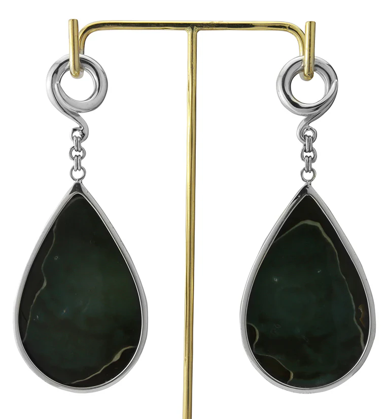 Green Polychrome Jasper Teardrop White Brass Ear Weights - Image 3