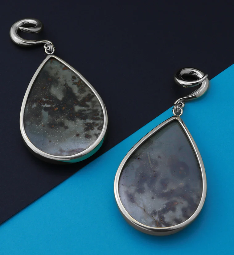Green Polychrome Jasper Teardrop White Brass Ear Weights - Image 4