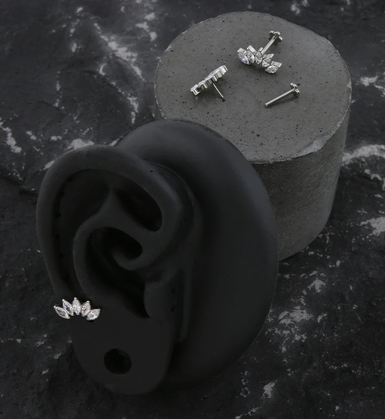 Half Crown Clear CZ Threadless Titanium Flower Back Labret - Image 2